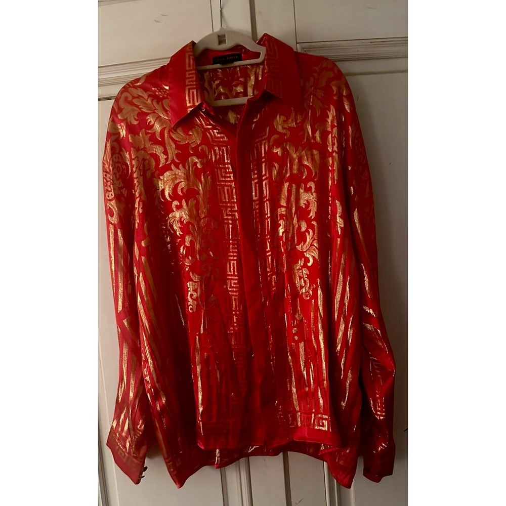 VINTAGE MENS CETA DOLCE METALLIC SILK SHIRT GREEK BAROQUE DESIGN SIZE LARGE RED